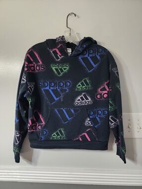 Juniors adidas Black Hoodie with Neon Pink, Blue & Green Logos